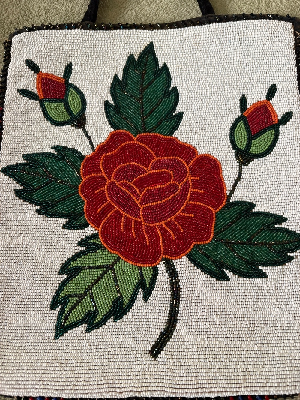 Vintage 1920-30 Hand-Beaded Red Rose Wall Art with Green Leaves